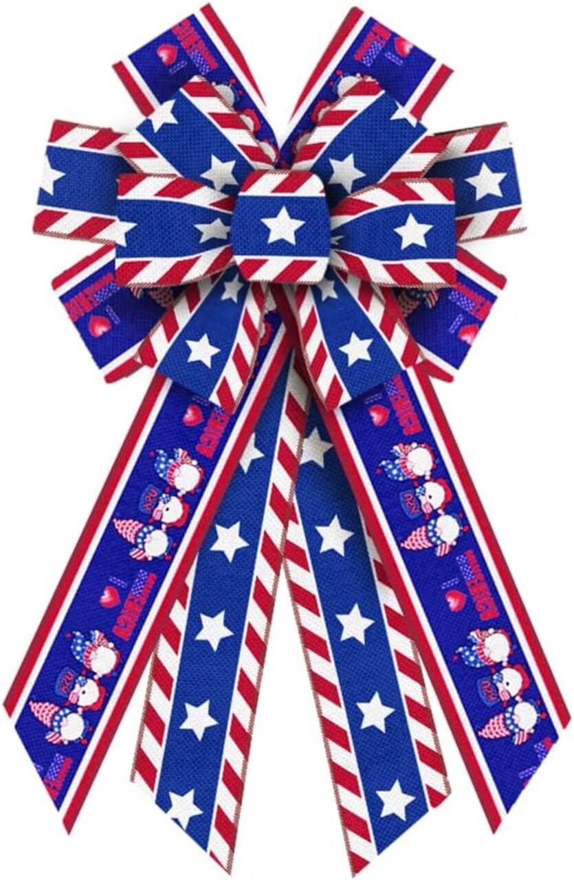 Large Patriotic Wreath Bows, Red Blue White Stripe Bows for Wreath 4th of July Star Bows for Front Door Memorial Day Gnomes America Flag Wreath Bows for Indooor Outdoor Fence Party Decor
